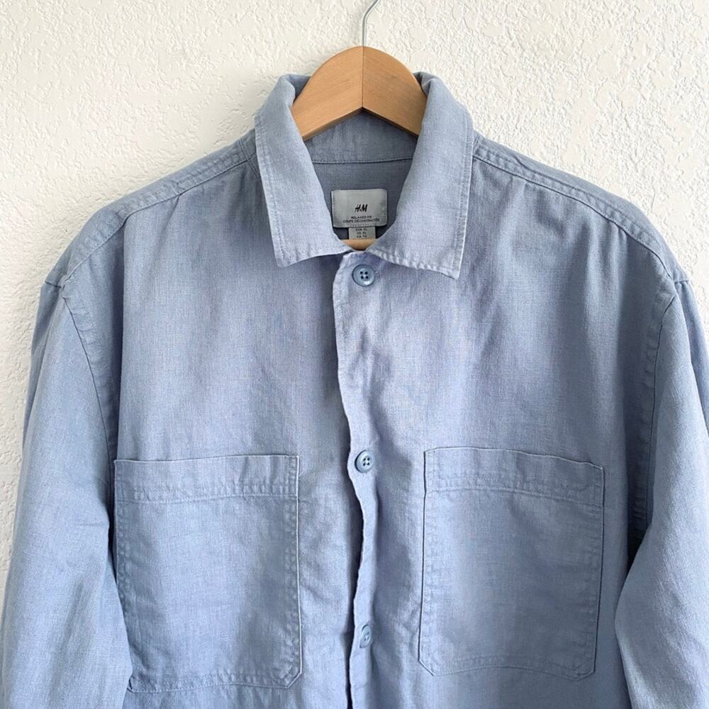 H&M Men's Linen Cotton Relaxed Fit Long Sleeve Top Button Down Utility Blue‎ XL